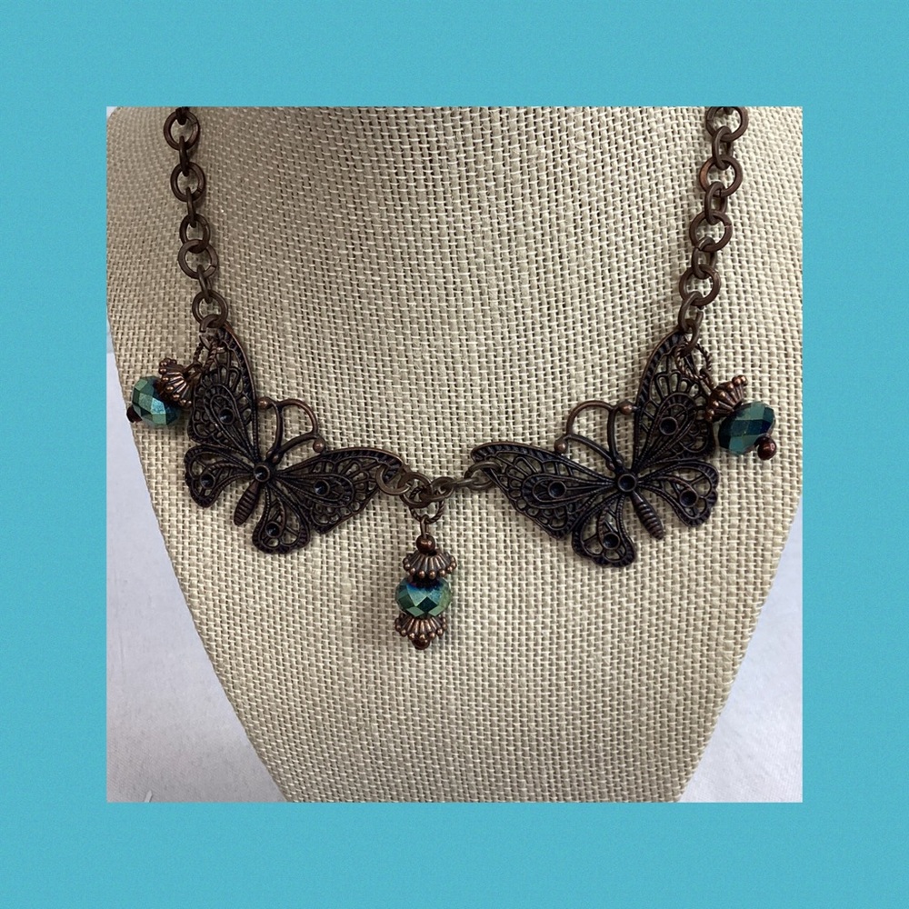 Butterfly Pendant Necklace in Bronze and Green